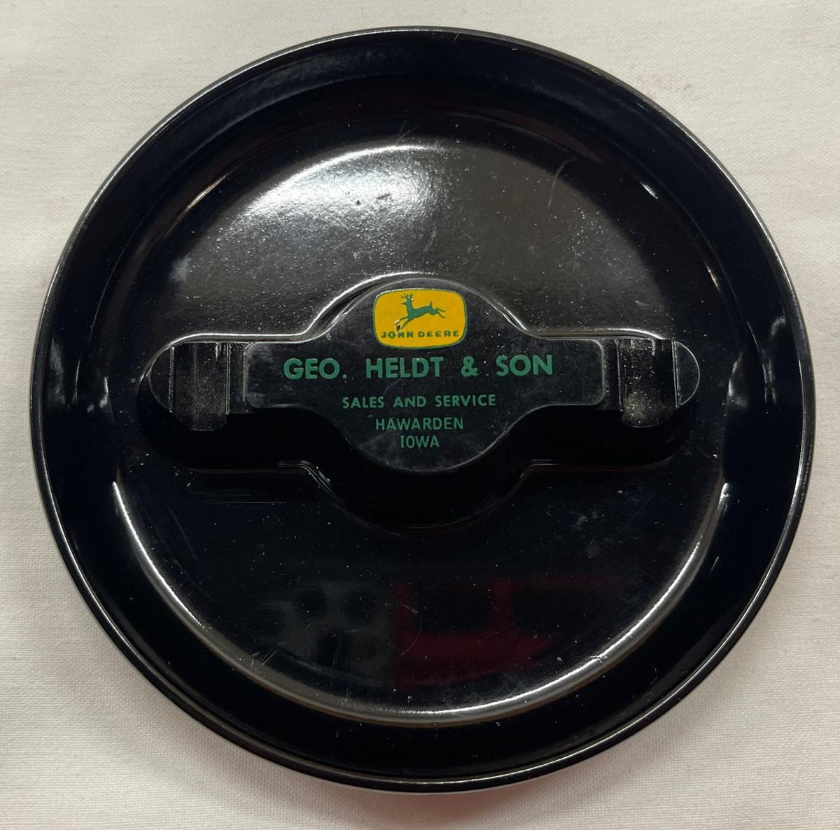 GEO. HELDT & SON -- JOHN DEERE ADVERTISING ASH TRAY -- HAWARDEN, IOWA ADVERTISING