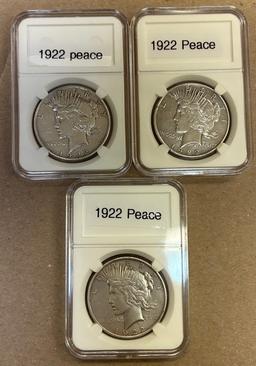 (3) 1922 Peace Silver Dollars