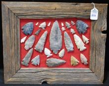 Frame of 25 Native American Arrowheads / Points (Mixed Origins)