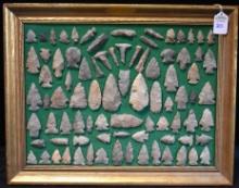 Frame of 84 Native American Arrowheads / Points & Hand Drills (Mixed Origins)