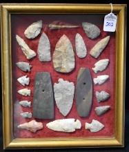 Frame of 23 Native American Artifacts Including Pendant, Gorget & Various Points