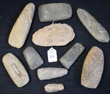 Lot of 10 Native American Celts / Axes & Hand Tool (Mixed Origins)