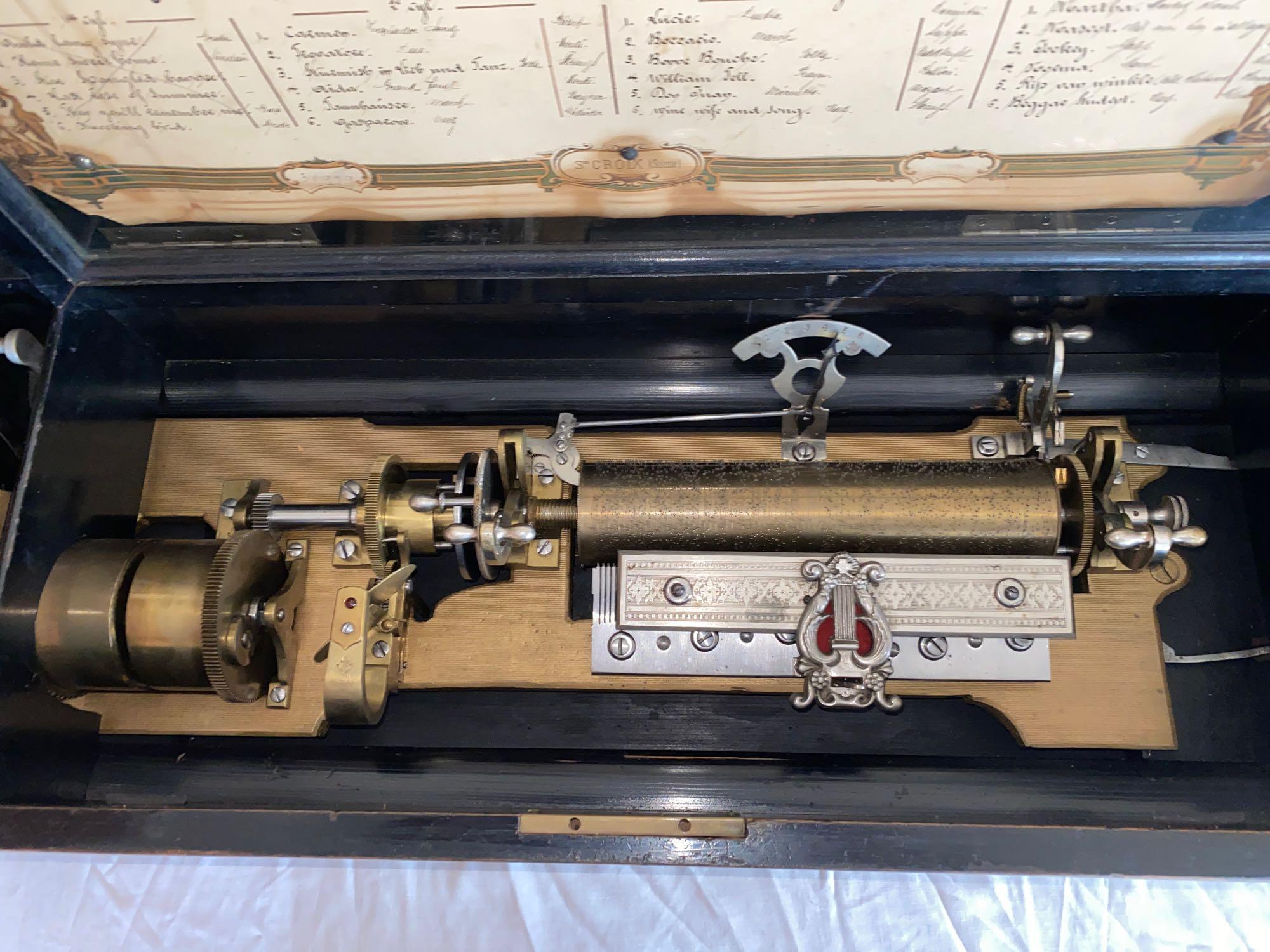 St. Croix Swiss cylinder music box, (3) good cylinders, each w/ (6) Aires, works fine!