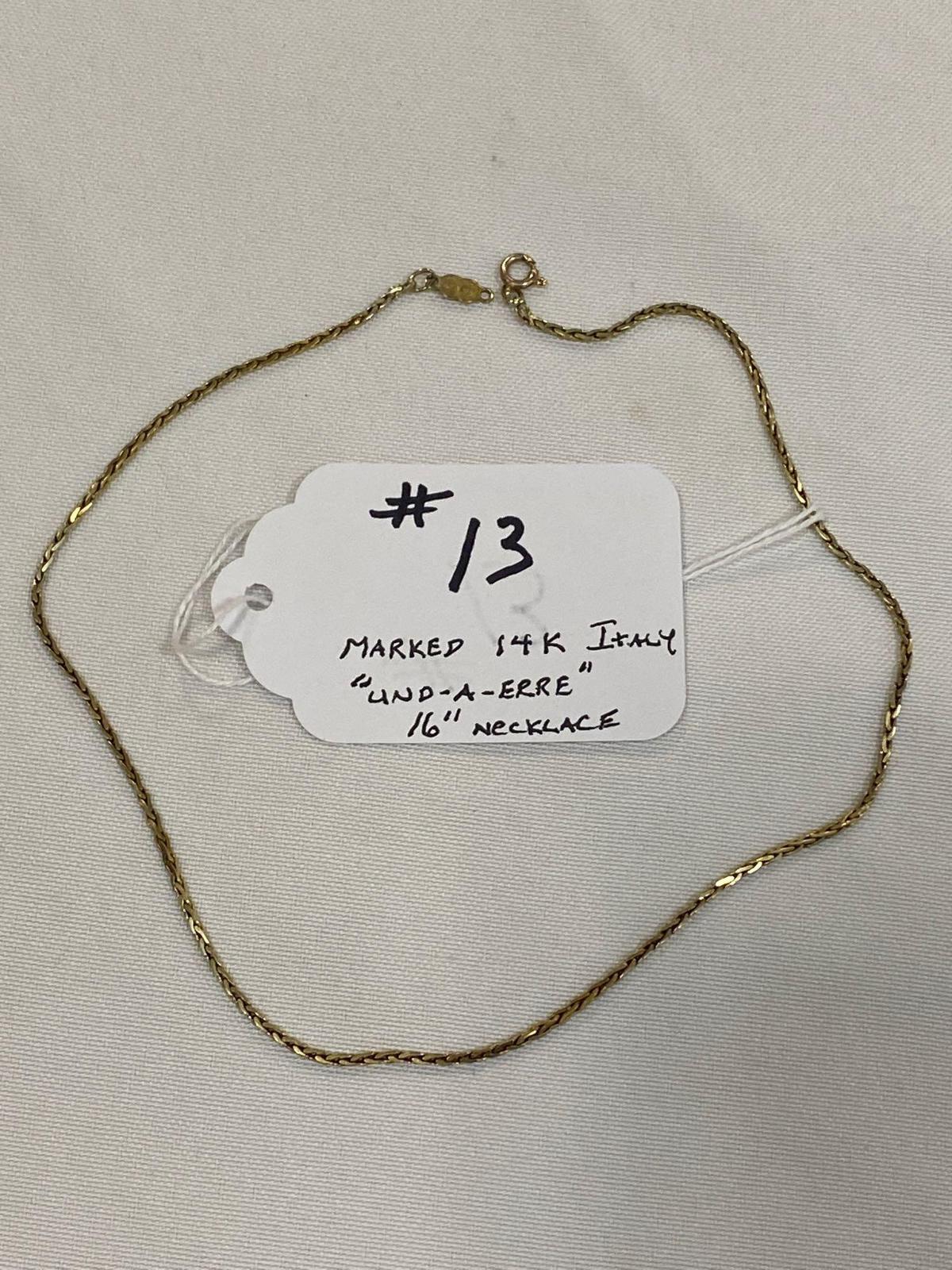 Marked 14K Italy "Und-A-Erre" 16" necklace, approx. 7.2 grams.