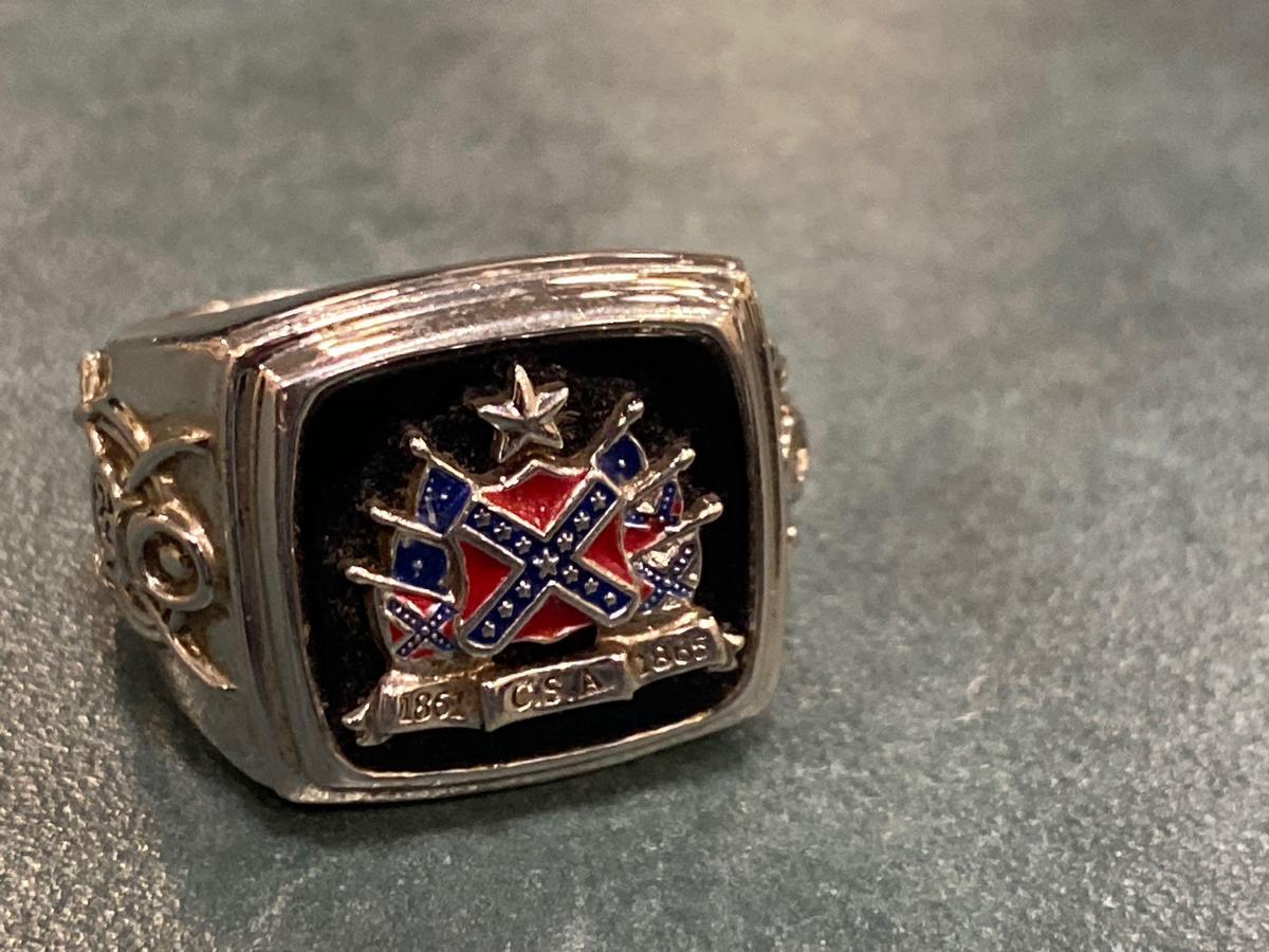 Man's ring marked "Pride of the South" with Confederate flag 1861-1865.