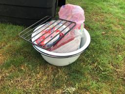 Camping box lot, kettle, cooking stand, lanterns