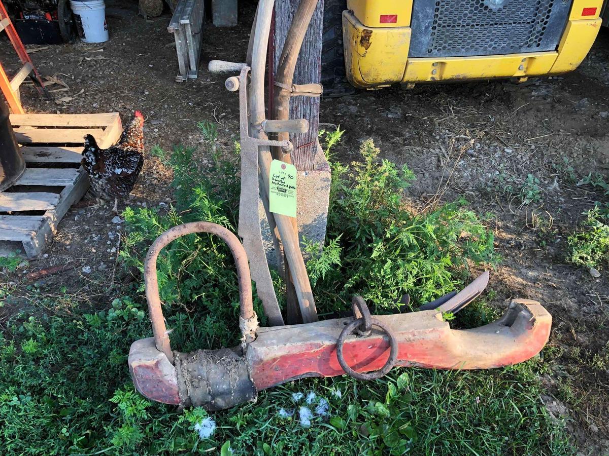 lot of 3 old scythe and old hay knife.
