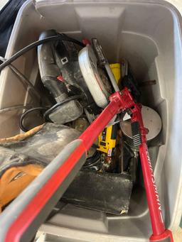 large tote full of tools. Bolt cutters.