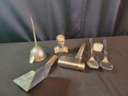 Stainless utensils, vintage Eisenhower metal bank, Gem mfg oiler and drywall tool