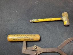 Portage Ice and Coal Co. ice tongs and metal hammer