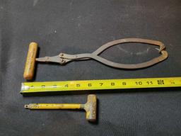 Portage Ice and Coal Co. ice tongs and metal hammer