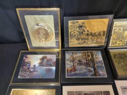 Assorted vintage gold foil etchings, pictures and plastic frames