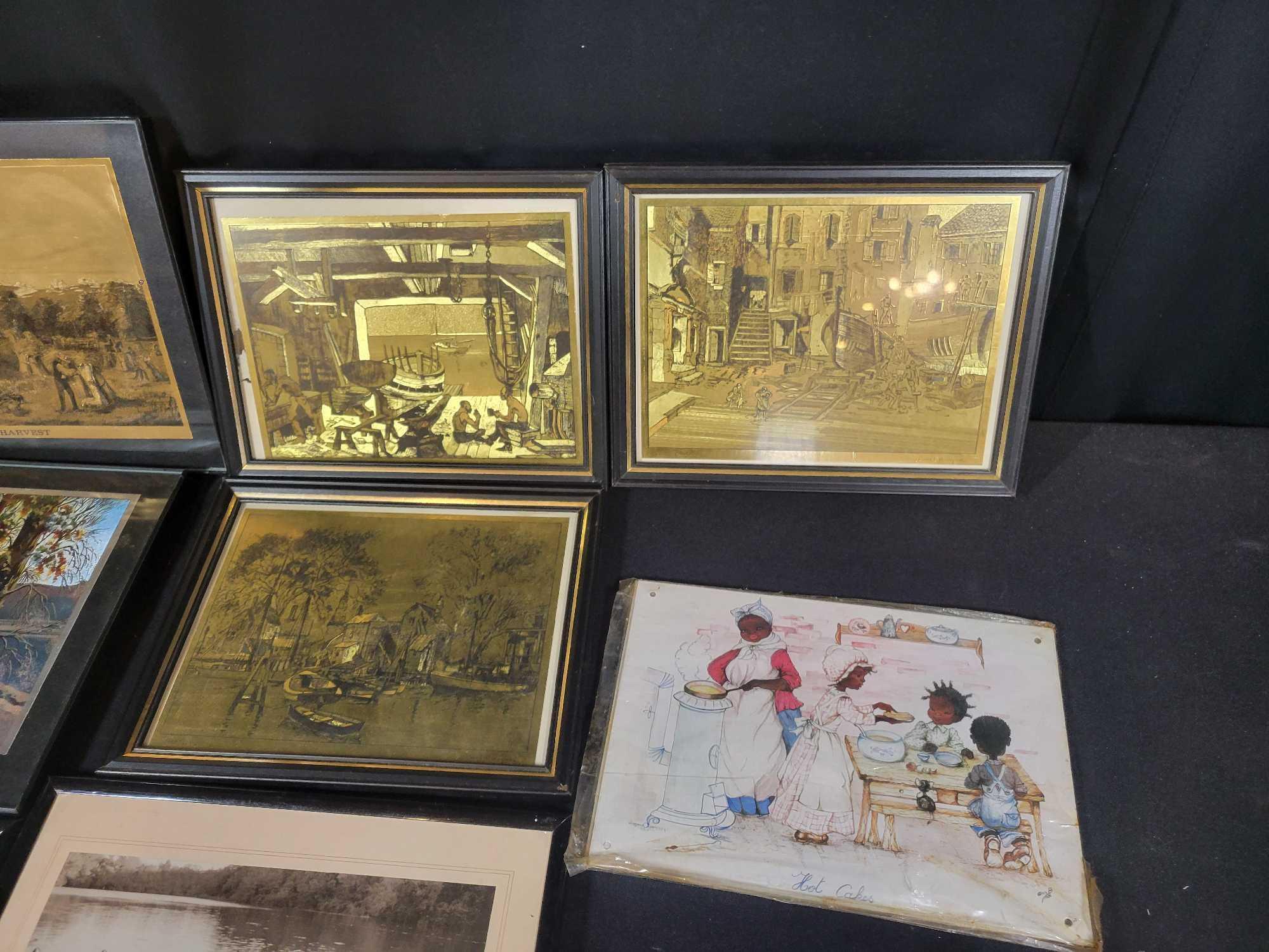 Assorted vintage gold foil etchings, pictures and plastic frames