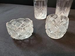 2 Wheel cut tumblers, childs pattern glass pitchers and assorted pieces