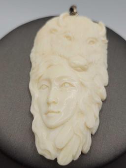 Vintage hand carved bone cameo face with Buffalo