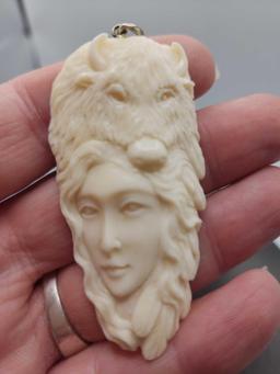 Vintage hand carved bone cameo face with Buffalo
