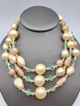 Vintage 3 tier faux pearl & crystal beaded necklace by Vendome