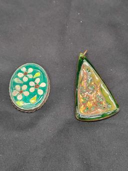 Vintage enameled floral brooch missing back and enameled pendant