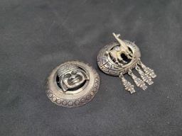 Peruvian style silver Alpaca and figure brooches