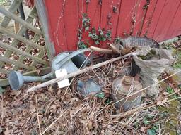 Contents Outside Shed - Galvinized Watering Cans, Buckets, Milk Can, Patio Table, & more