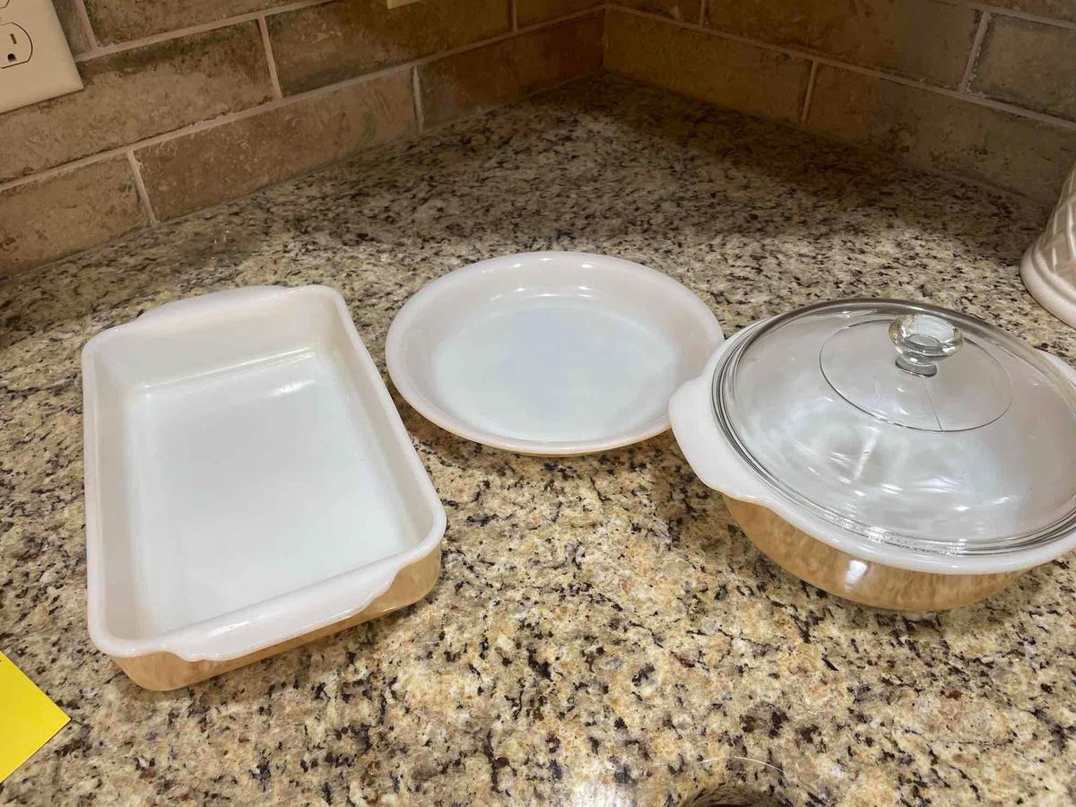 Fire King Pan, Plate, & Covered Dish