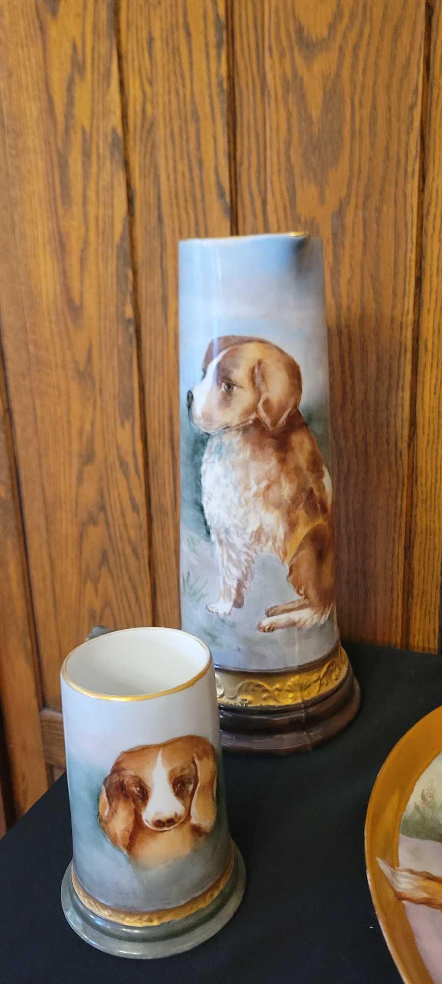 Stunning Limoges France dog themed Pitcher with matching tray and 5 mugs