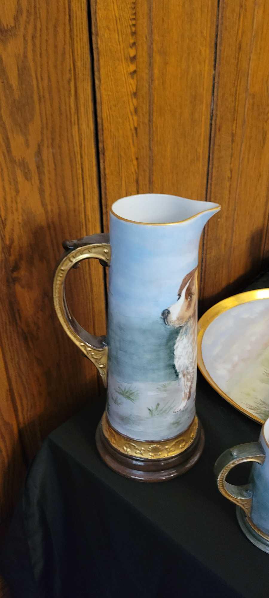 Stunning Limoges France dog themed Pitcher with matching tray and 5 mugs