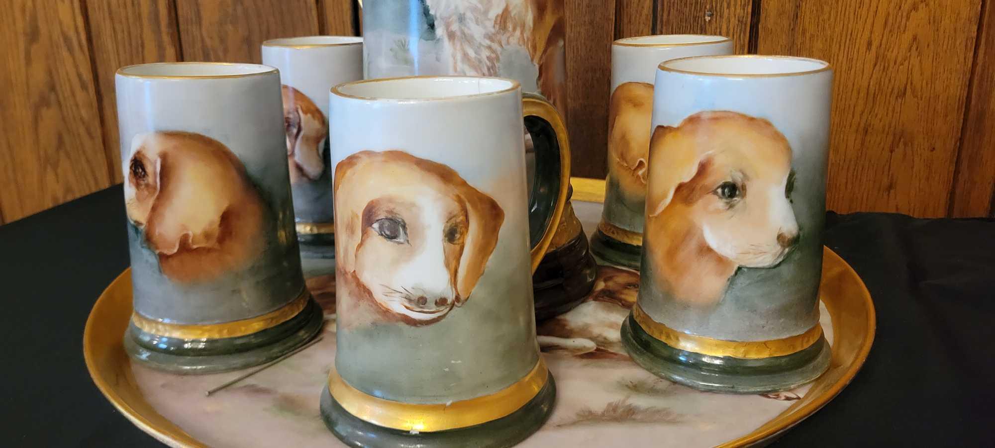 Stunning Limoges France dog themed Pitcher with matching tray and 5 mugs
