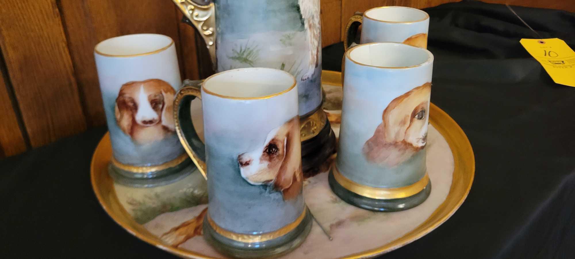 Stunning Limoges France dog themed Pitcher with matching tray and 5 mugs