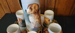 Stunning Limoges France dog themed Pitcher with matching tray and 5 mugs