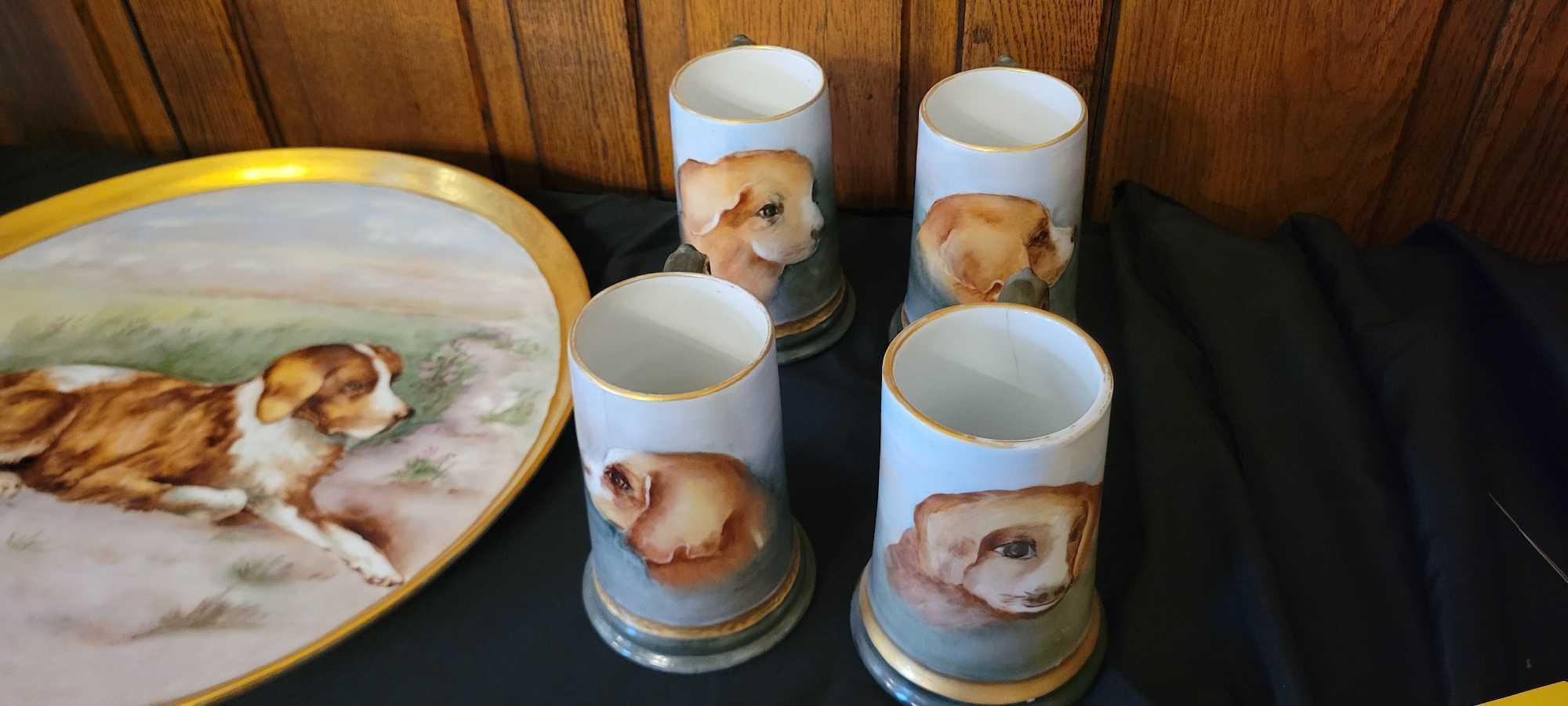 Stunning Limoges France dog themed Pitcher with matching tray and 5 mugs