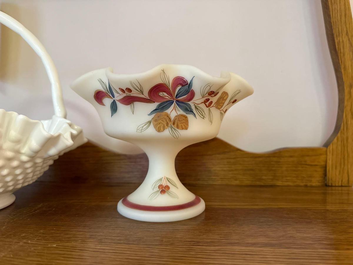 Fenton milk glass basket and signed bowl