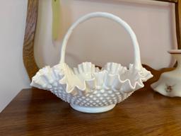 Fenton milk glass basket and signed bowl