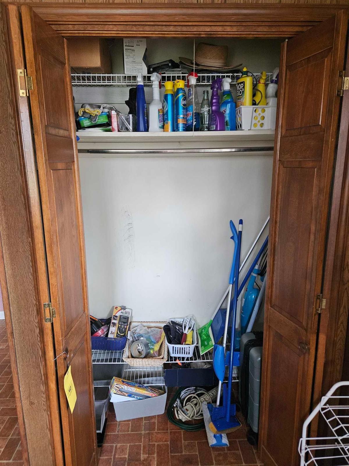 Contents of Closet - Cleaning Supplies, Shoe Rack, Hats, Light Bulbs, Electrical Supplies and More.