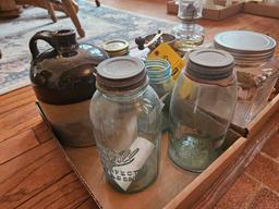 Vintage Oil Lamp, Blue Canning Jars, Crock, Sea Shell Collection and More