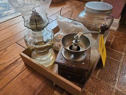 Vintage Oil Lamp, Blue Canning Jars, Crock, Sea Shell Collection and More