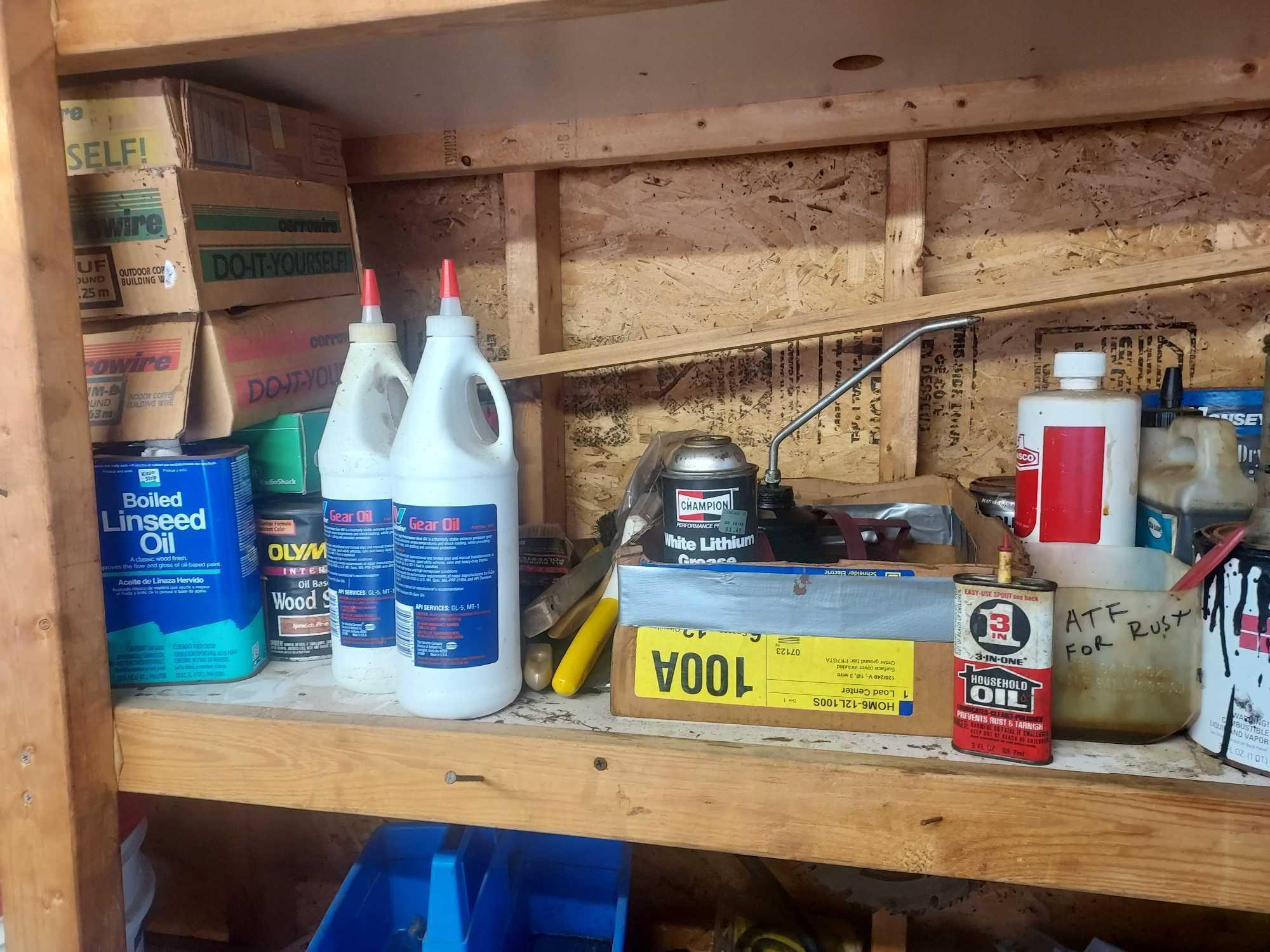 Wooden Shelving Section Contents - Oils, Sprays, Building Copper Wire, Tool Accessories, & more