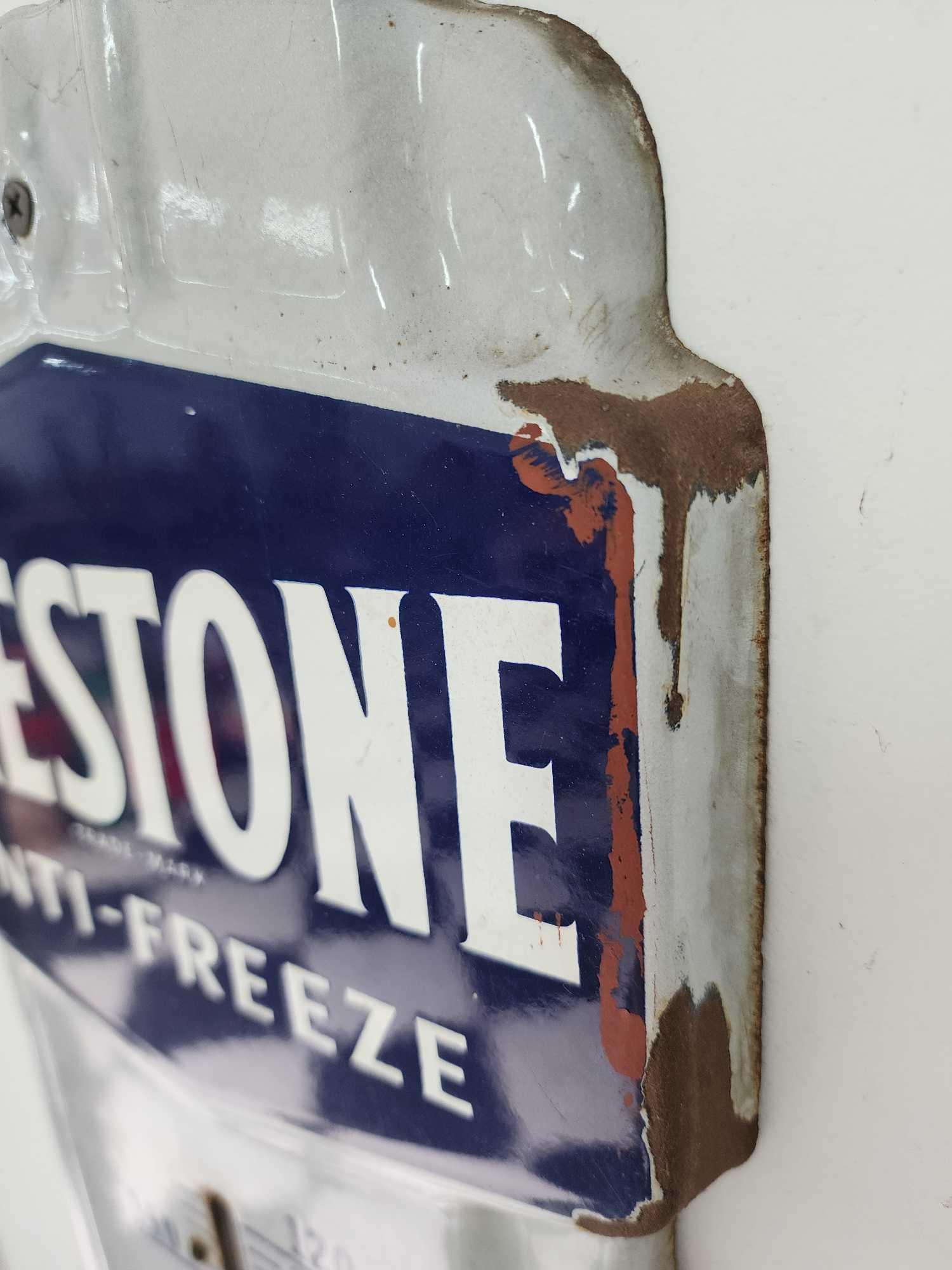 Vintage porcelain enamel Prestone anti-freeze advertising sign with thermometer