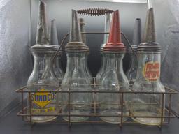 (8) vintage glass oil bottles with wire carrier one Sunoco!
