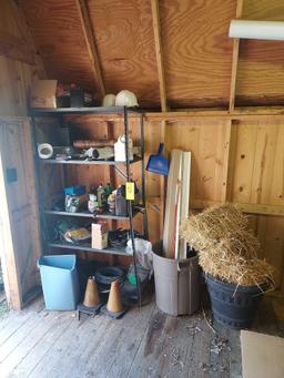 Metal Shelf & Contents, Shed Loft Contents, & Assortment of Lumber & Metal