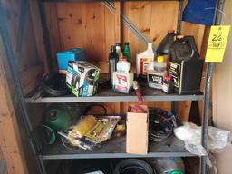 Metal Shelf & Contents, Shed Loft Contents, & Assortment of Lumber & Metal