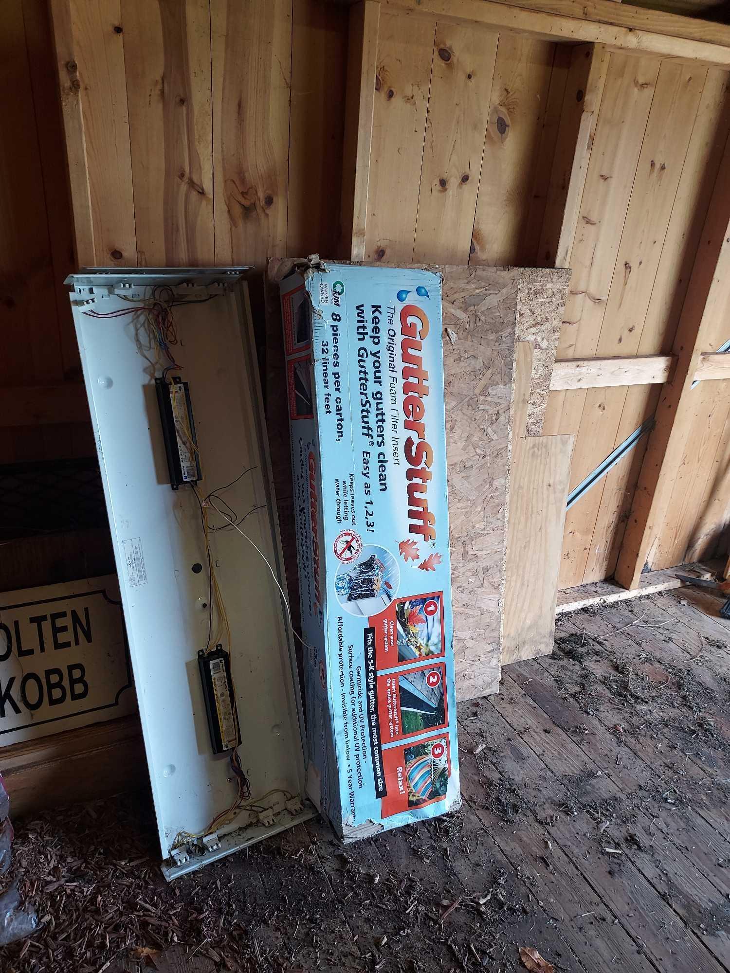 Metal Shelf & Contents, Shed Loft Contents, & Assortment of Lumber & Metal