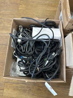 3 boxes of power cables and cords