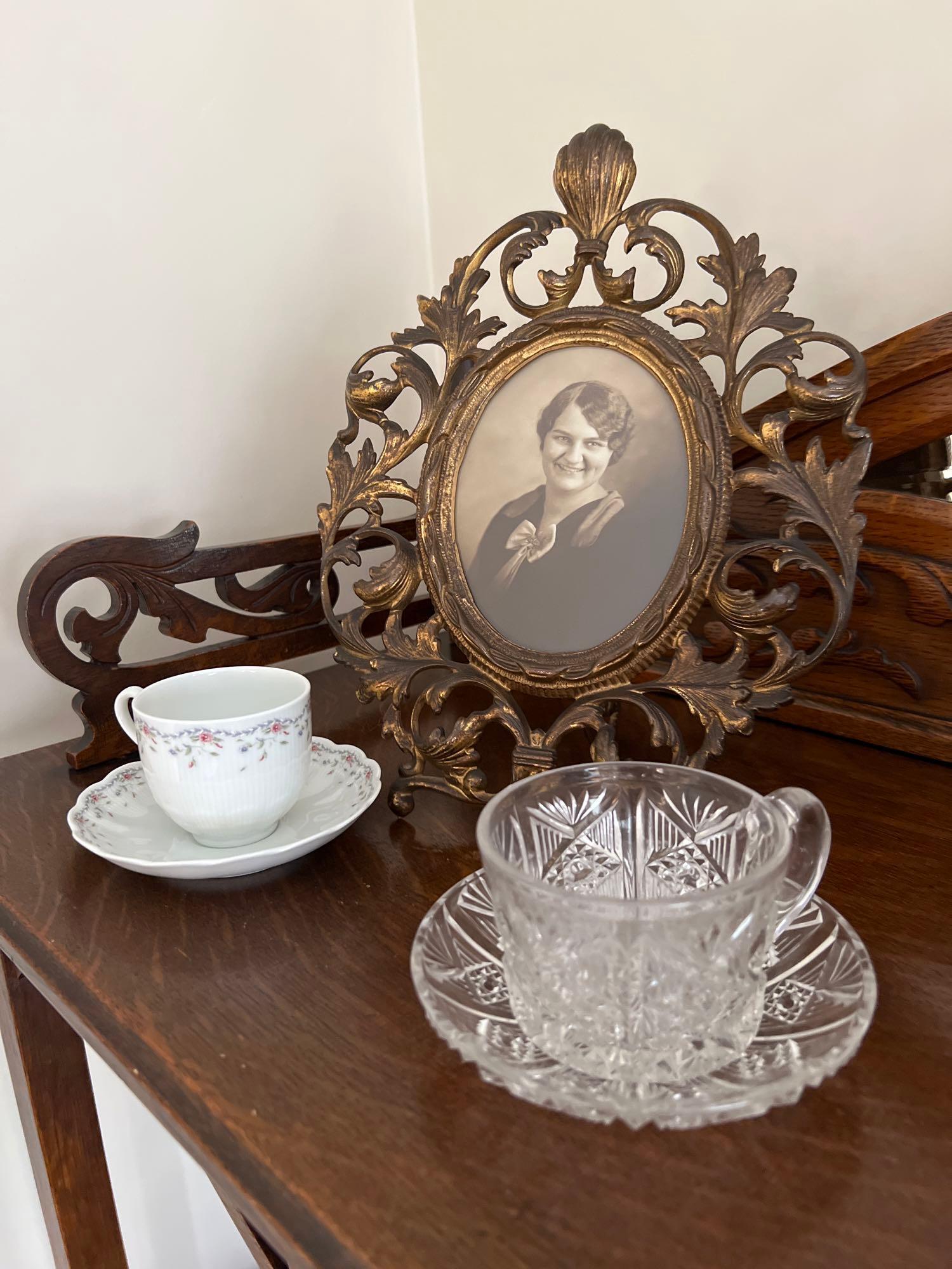 Brides Maid Basket, Cups and Saucers, Glass Handled Basket