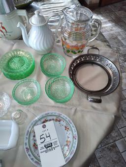 Green Drepession Glass, Massillon Coffee Pot, Pithcer