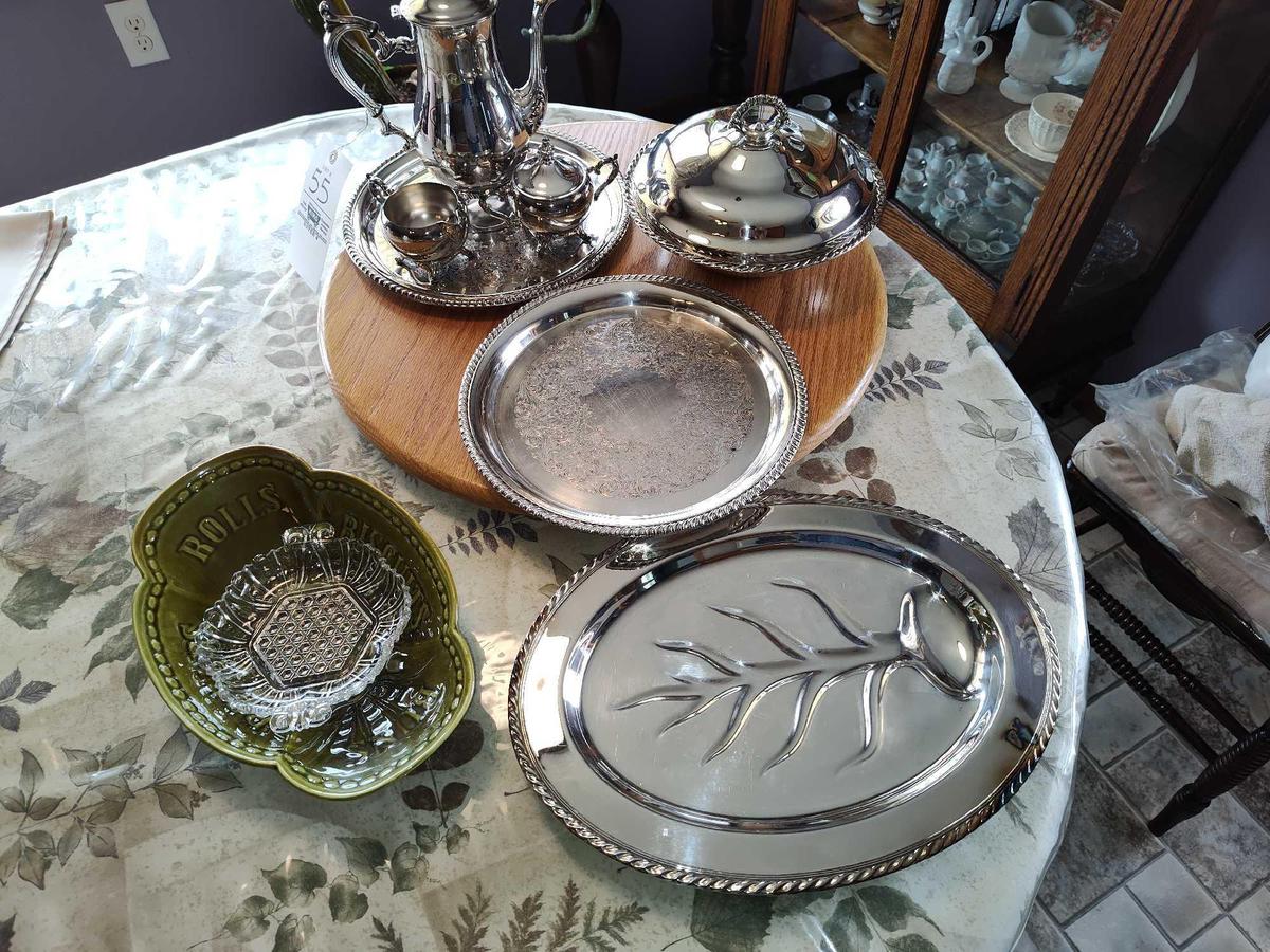 Silver Plate Tea Set & Other plated Items Laxy Susan