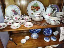 Contents of Bookcase Doll China Set, Blue Willow, Oil Lamp, Milk Glass