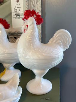Milk Glass Covered Hens and Rooster
