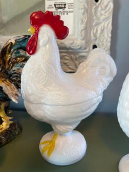 Milk Glass Covered Hens and Rooster