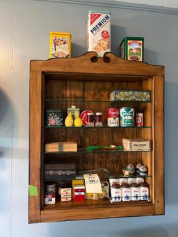 Contents on Shelf, Spice Rack, Advertising Tins, Salt and Pepper Shakers